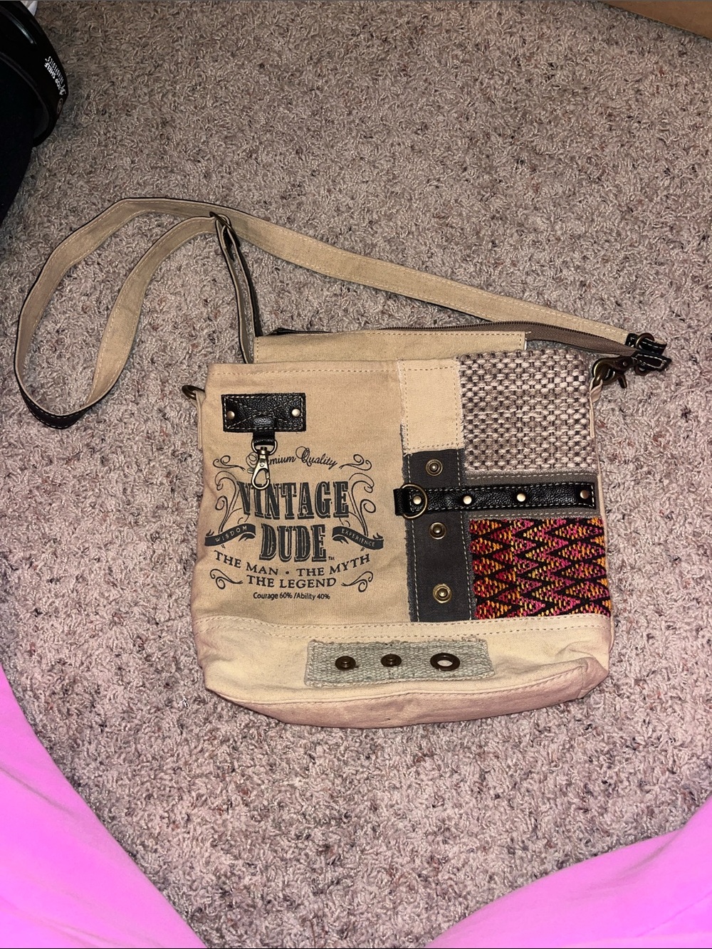 Myra Bag Beige Canvas Crossbody with Brown Trim & Multicolor Woven Accent